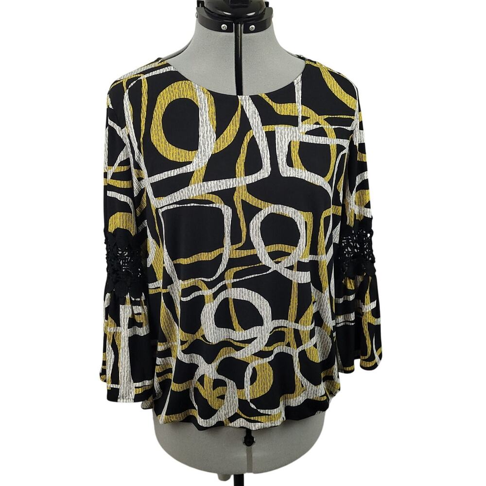 Alfani Womens Tunic Blouse Sz Large Embroidered Flared Sleeve Polyester Top EUC